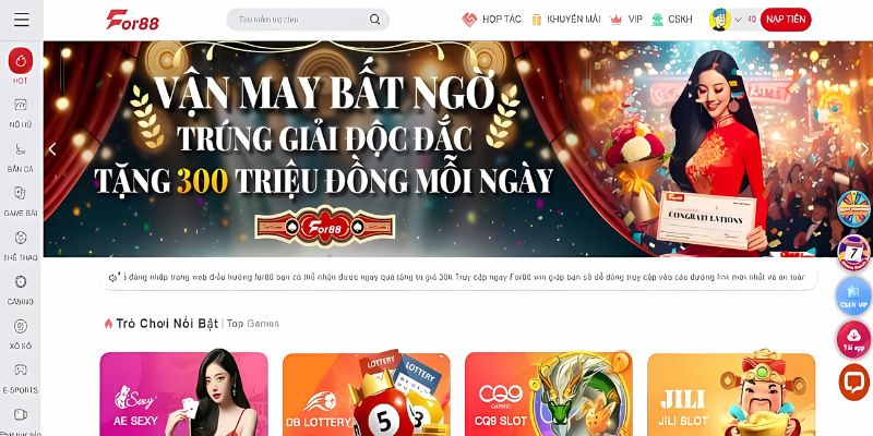 Giao diện website For88 được thiết kế bắt mắt, tinh tế